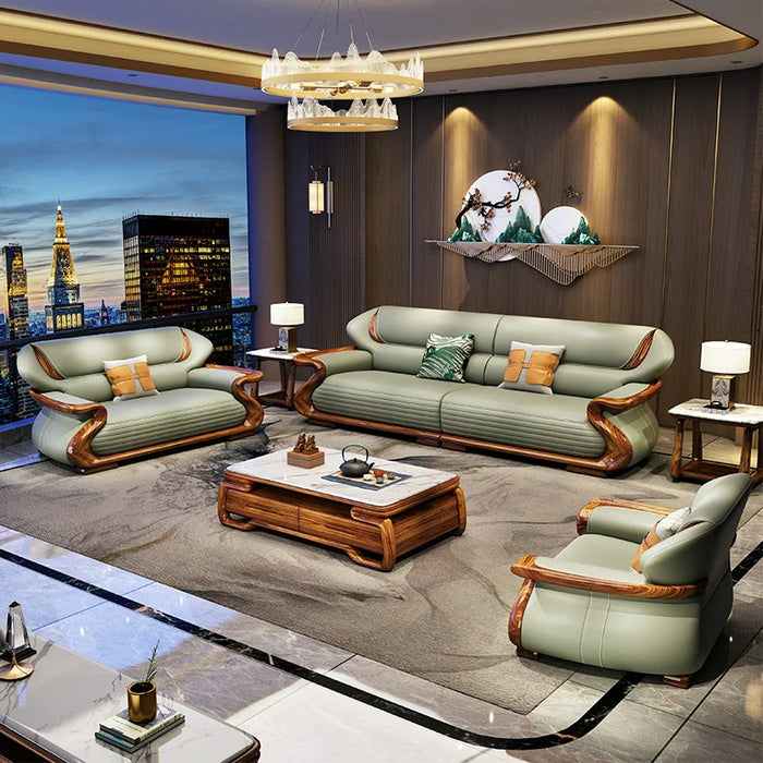 New Chinese Genuine Leather Light Luxury Living Room Small Apartment Ugyen Wooden Sofa Combination Furniture