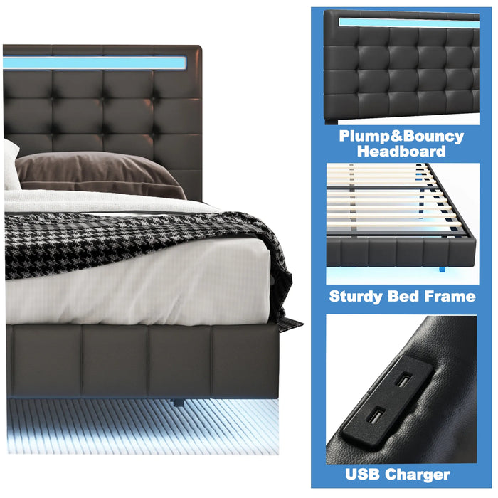 [Flash Sale]Queen Size Floating PU/Linen Bed Frame W/LED Lights&USB Charging Modern Upholstered Platform Bed Black/White[US-W]
