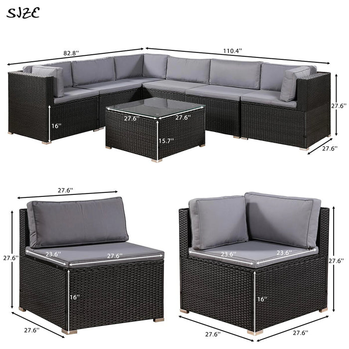 7Pcs Patio Furniture Set Outdoor Sectional Conversation Set 3 Corner Sofa+3 Middle Sofa+1 Coffee Table w/ Soft Cushion[US-Stock]