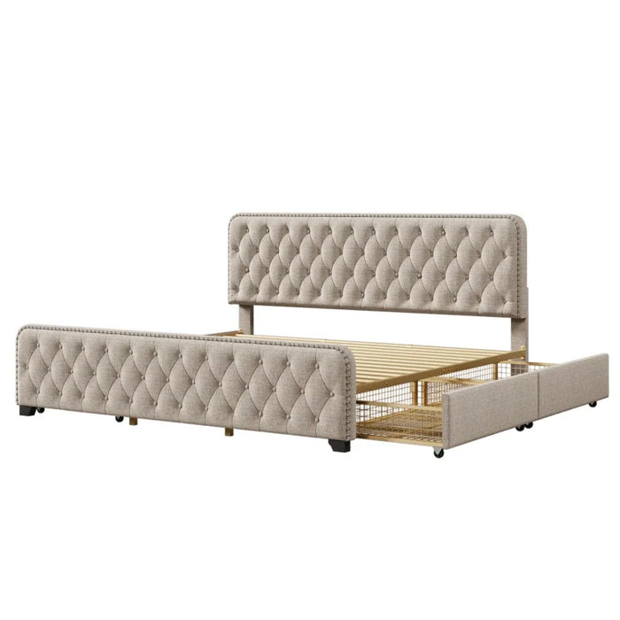Beige Upholstered Platform Bed Frame with Four Drawers, Button Tufted Headboard and Footboard Sturdy Wood Slat Support, KING