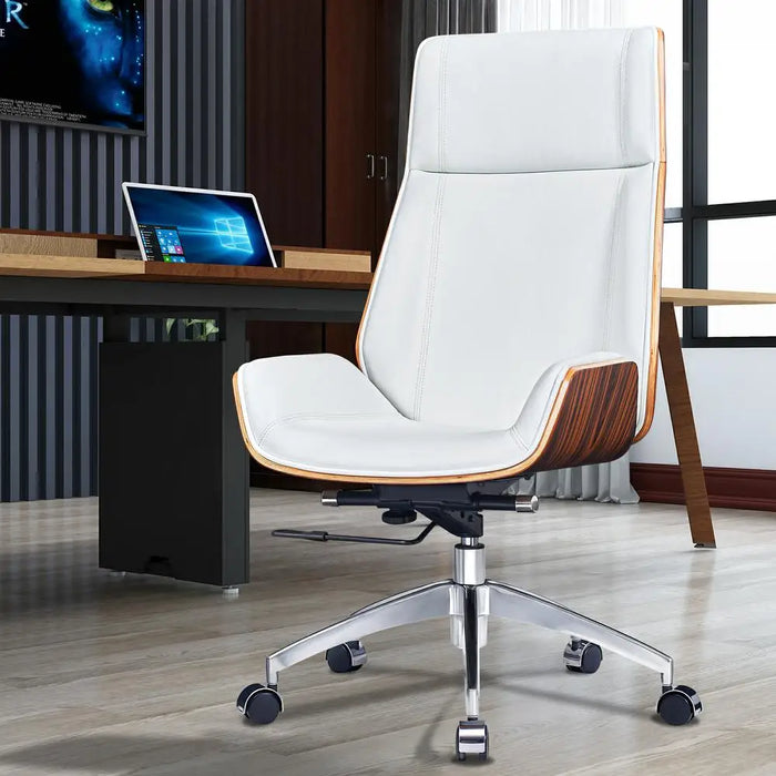 [Flash Sale]Middle Century Height Back Genuine Leather Office Chair Lifting Swivel Boss Chair[US-W]