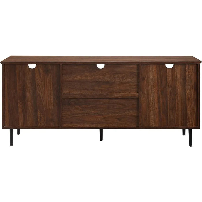 Modern Farmhouse Wood and Glass TV Stand with 2 Cabinet Doors for TV's up to 65" Flat Screen Universal TV Console, Dark Walnut