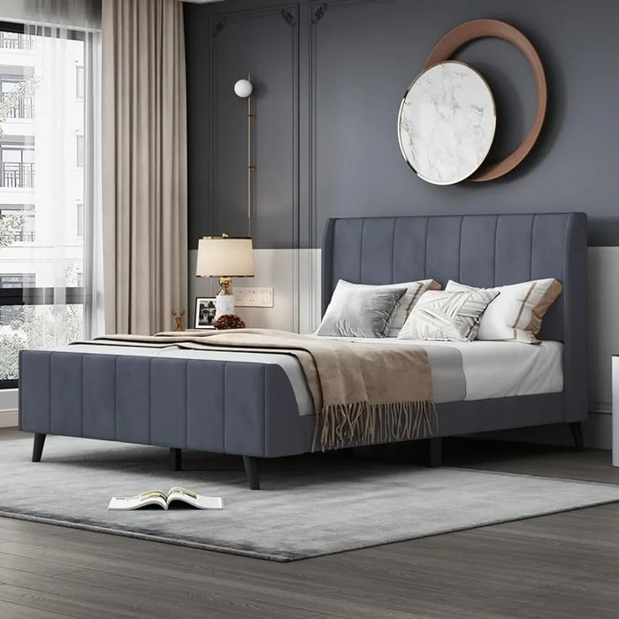 Bed FrameUpholstered velvet full-size platform bed with headboard and footboard for easy assembly of bedroom bed