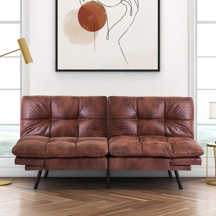Futon Sofa Bed 71 Inch 3-Seater Modern Faux Leather Couch, Convertible Sleeper with Adjustable Armrests for Studio, Mid-Brown