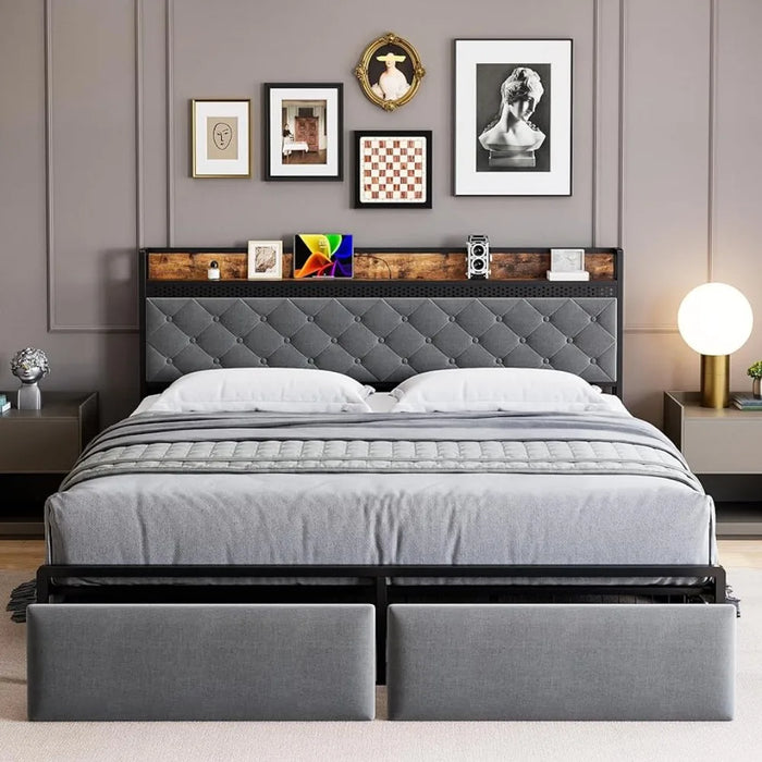 Storage Headboard Bedroom Furniture Noiseless Beds and Furniture for Home Large Bed Frame No Box Spring Required Queen Frames