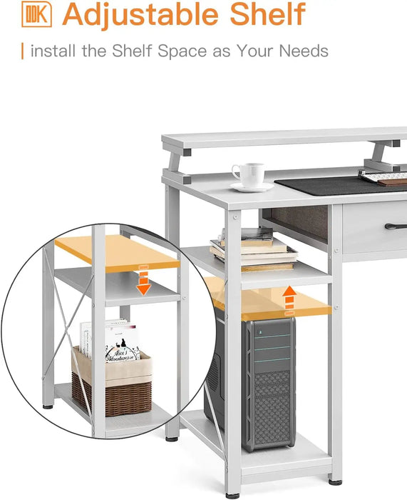 ODK Computer Desk with Drawers, 48 Inch Office Desk with Storage & Shelves, Work Writing Desk with Monitor Stand Shelf, White Ho