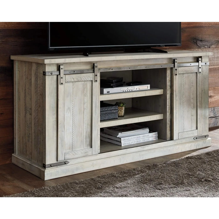 Modern Farmhouse TV Stand Fits TVs up to 58", Sliding Barn Doors with Adjustable Storage Shelves, Whitewash