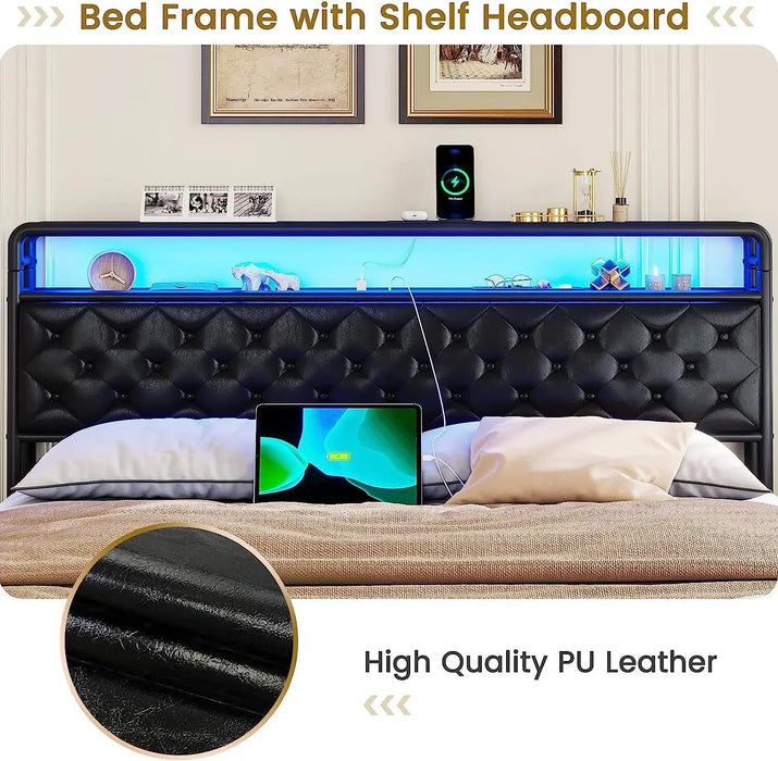 Bed Frame with Faux Leather Headboard Platform Bed, Black