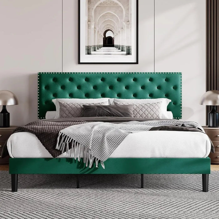 Bed, velvet padded platform bed with adjustable diamond button tufting and nail head decoration headboard, king size bed frame