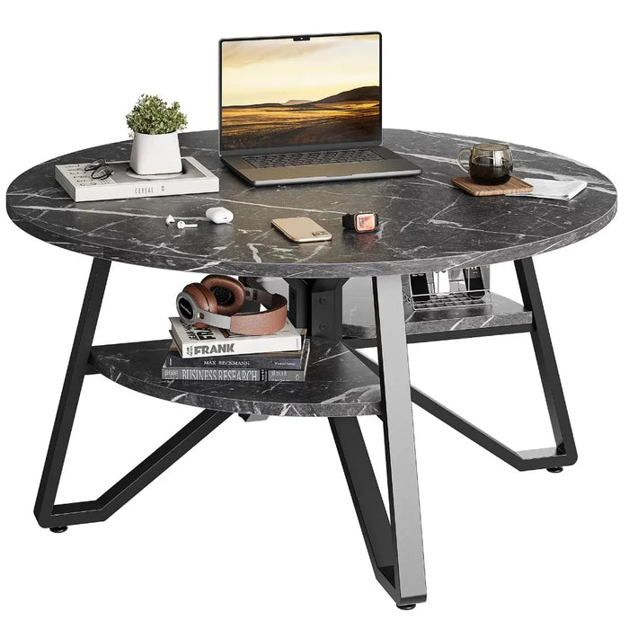 Coffee Table Round Marble Furniture with Storage Sturdy Metal Legs Living Room