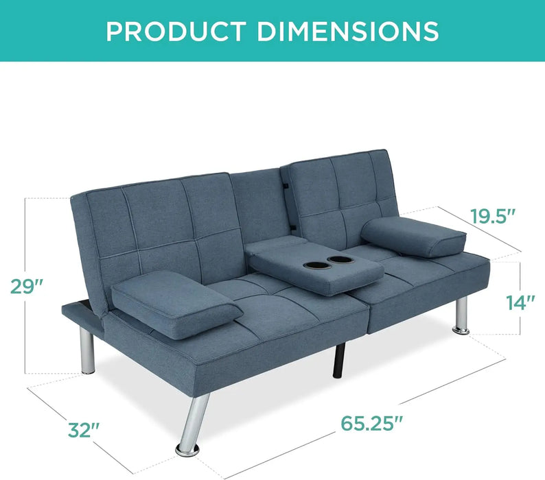 Linen Modern Folding Futon, Reclining Sofa Bed for Apartment, Dorm w/Removable Armrests, 2 Cupholders