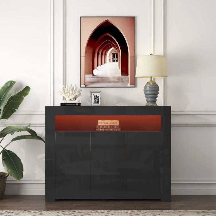 Living Room Sideboard Storage Cabinet Black High Gloss with LED Light, Wooden Storage Display Cabinet TV Stand with 3 Doors