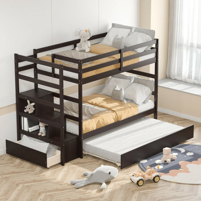 Twin Over Twin Bunk Bed with Trundle Stairway and Storage Shelf Drawer Espresso