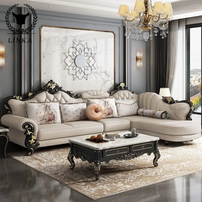 European Leather Sofa Combination Living Room High-end Luxury Modern American Light Luxury Corner Solid Wood Furniture