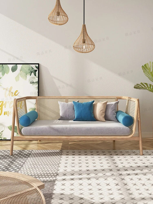 Simple and complete set of single person wooden sofa combination living room small leisure solid wood sofa rattan chair sofa