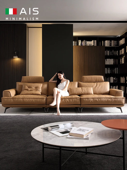 Living Room Full-Layer Cowhide Straight-Row Biscuit Leather High Backrest Sofa