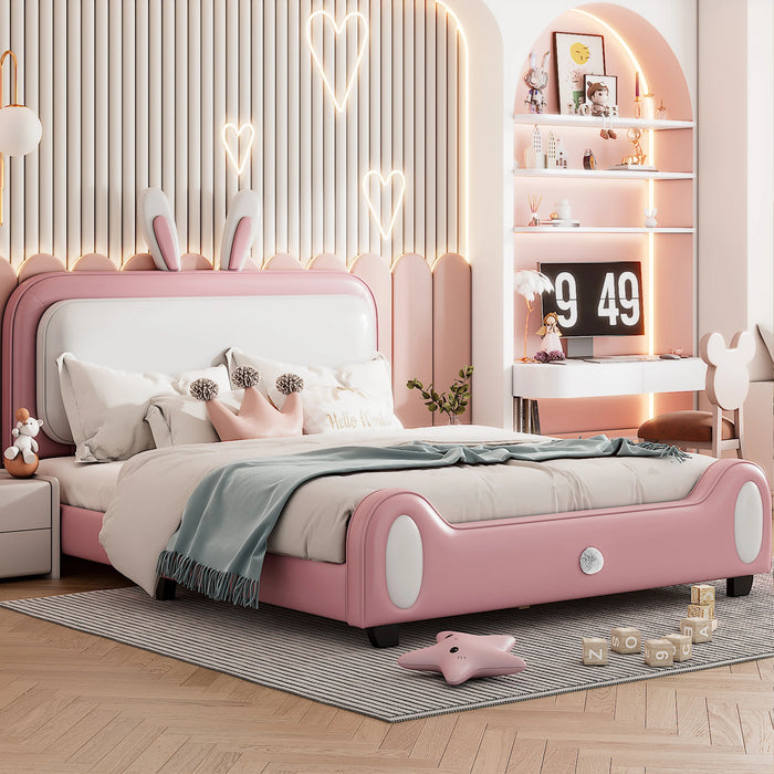 [Flash Sale]Full/Twin Size Upholstered Rabbit-Shape Princess Bed Platform Bed Frame with Headboard & Footboard White+Pink[US-W]