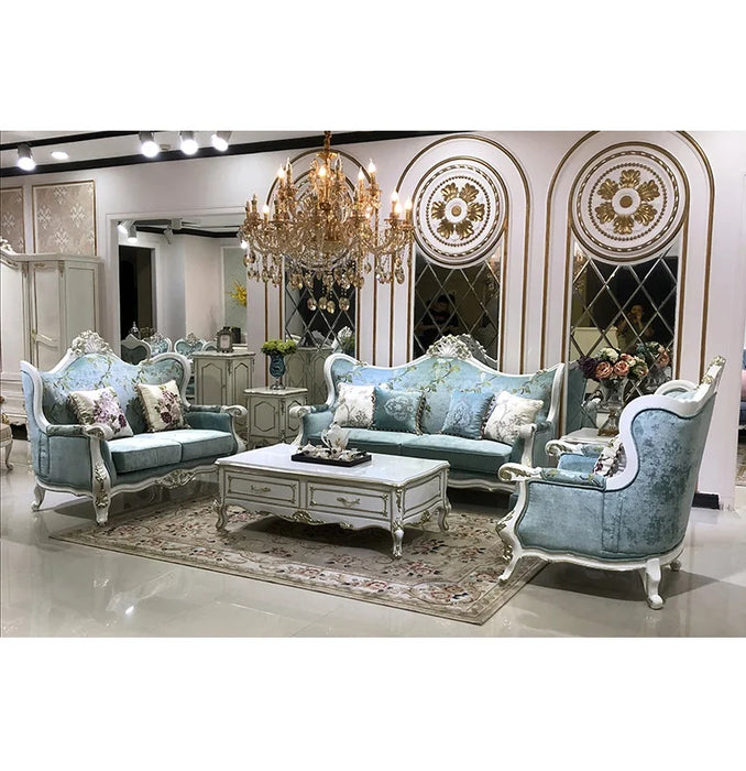 European fabric sofa combination light luxury style large and small family villa living room solid wood carving can be disassemb