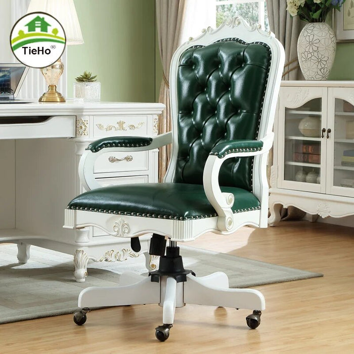 American Style Genuine Leather Lifting Chair Swivel Solid Wood Vintage Computer Chair Adjustable Office Chairs Home Furniture