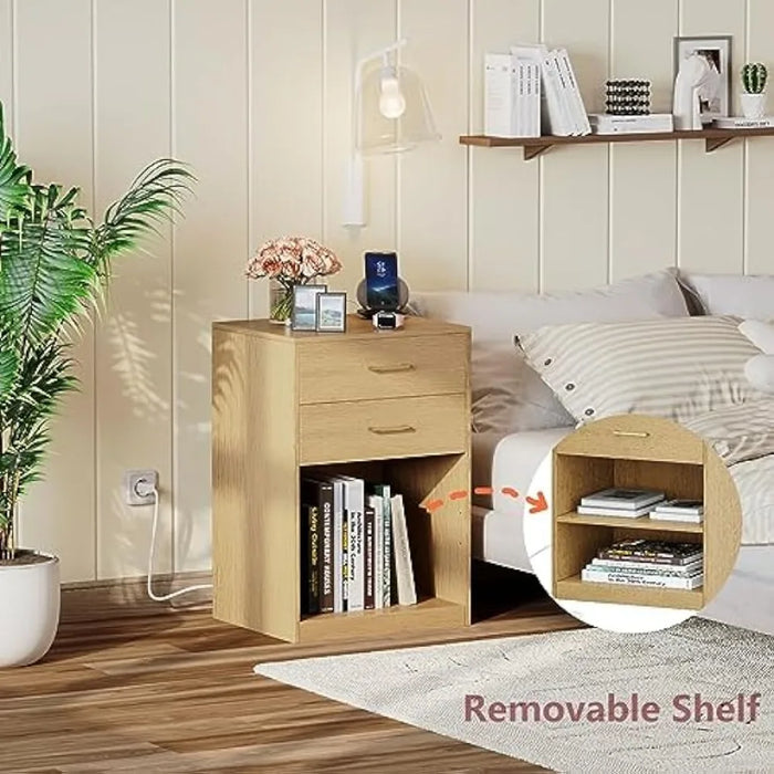 Irontar Nightstands Set of 2, Nightstand with Charging Station, Bedside Table with Removable Shelf, Side Table with Open Storage