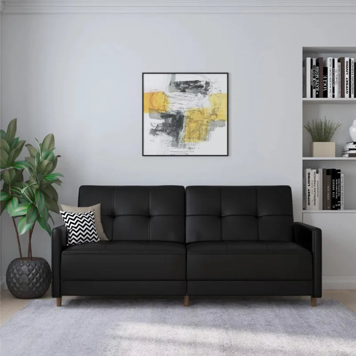 Living Room Sofa, Sofa Bed, Coil Futon, Black Faux Leather