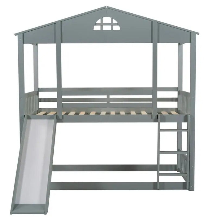 over Twin House Bunk Bed with Convertible Slide and Ladder for Kids Bedroom, Solid Wood House-Shaped Bed for More Children, Divi