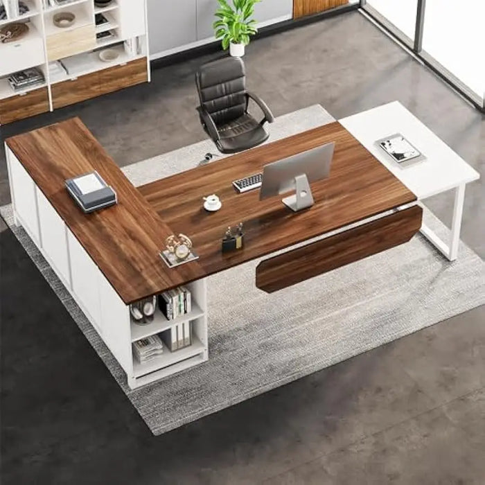 71" L Shaped Desk with 55" File Cabinet, Modern Executive Office Desk with Storage Shelves and Cabinet, Large L Shaped Executive