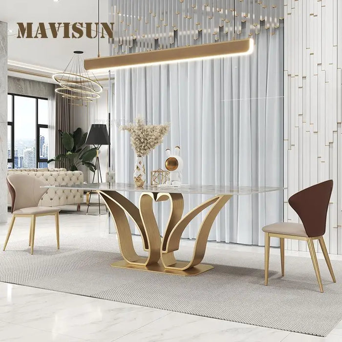 Luxury Villa Dining Room Swan Shape Rectangular Island Table 1.8m And 6 Chairs Set Golden Creative Design Marble Furniture