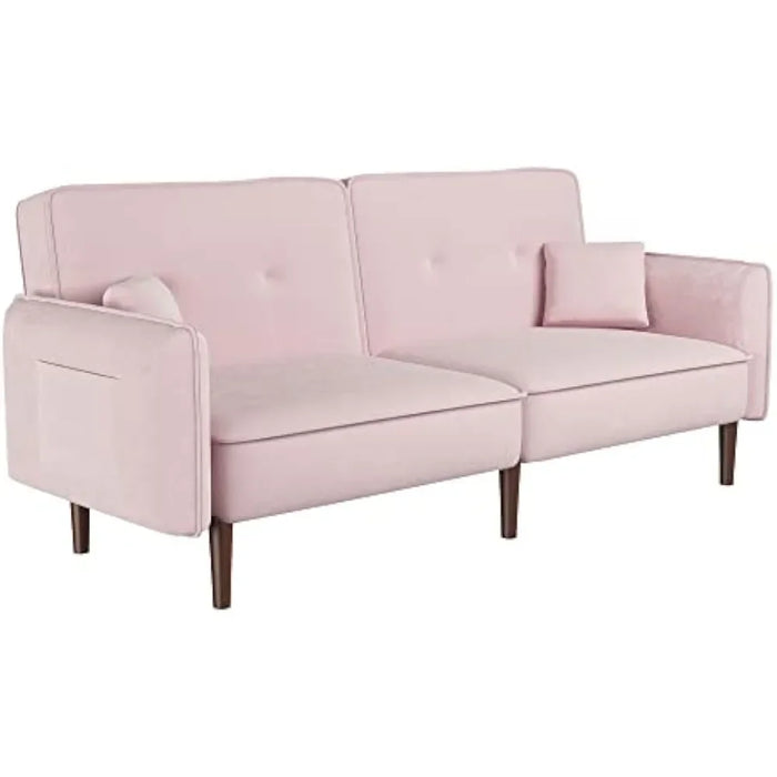 Leisure Velvet Futon Sofa Bed with Adjustable Back, Convertible Sleeper Couch Chaise with 2 Pockets, Upholstered Loveseat, Pink