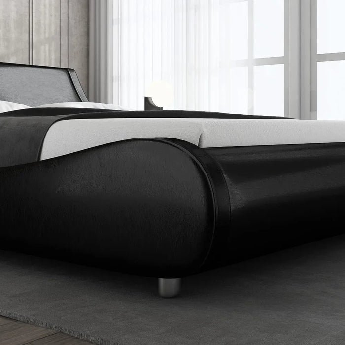 Upholstered Queen Platform Bed Frame Modern Low-profile Sled Bed with Faux Leather Headboard for Easy Assembly Without Springs