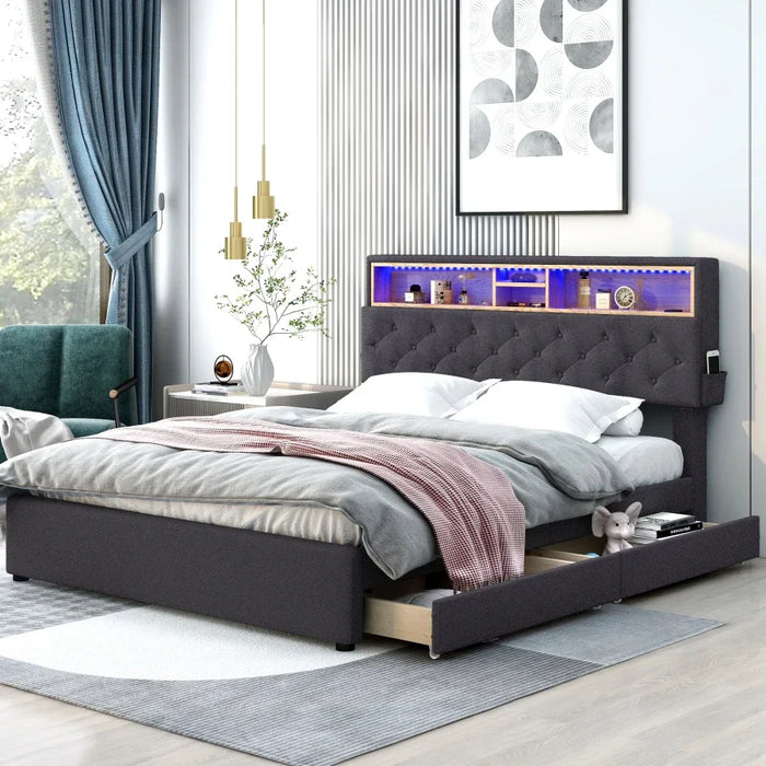 Charging Design Queen Size Upholstered Platform Bed with Storage Headboard, LED, USB Charging and 2 Drawers, Dark Gray