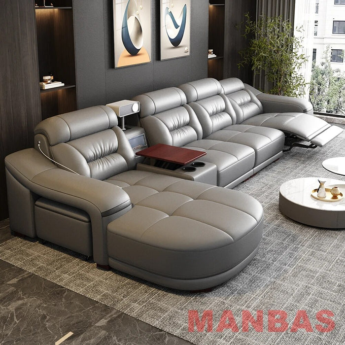 Italian Genuine Leather Sectional Sofa Set with Electric Recliner, Bluetooth Speaker and Projector By MINGDIBAO Livingroom Couch