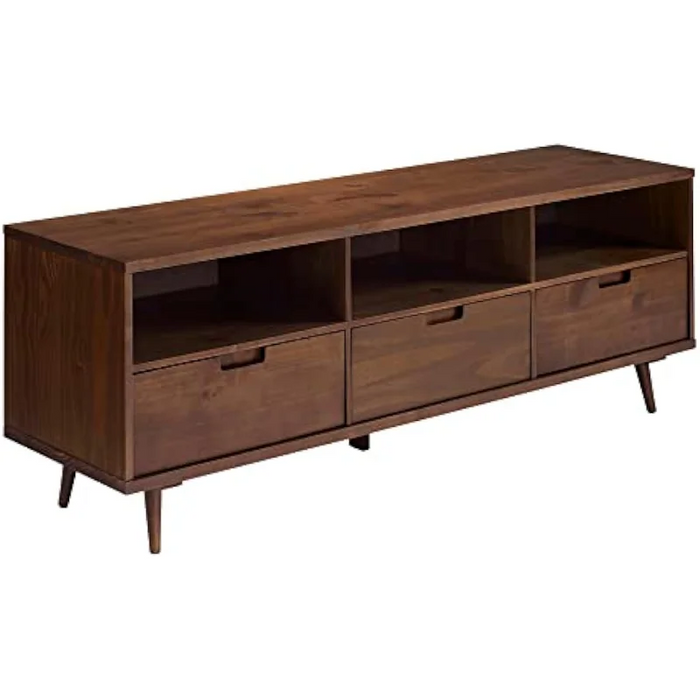 Walker Edison Millie Mid Century Modern 3 Drawer Solid Wood Low Stand for TVs up to 80 Inches, 70 Inch, Walnut
