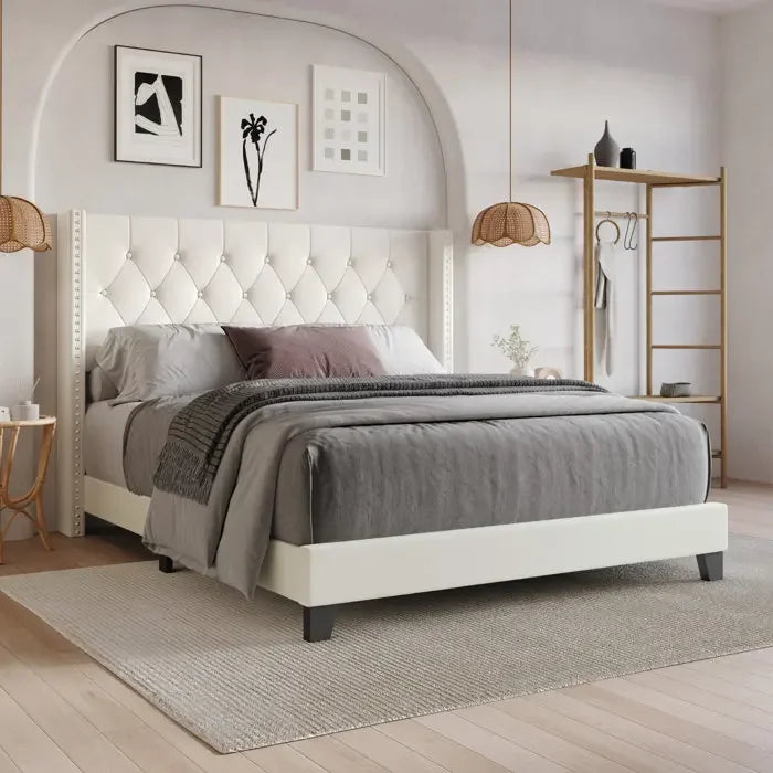Wingback Platform Bed Frame with Headboard with Wood Slat Support and Square Stitched Headboard