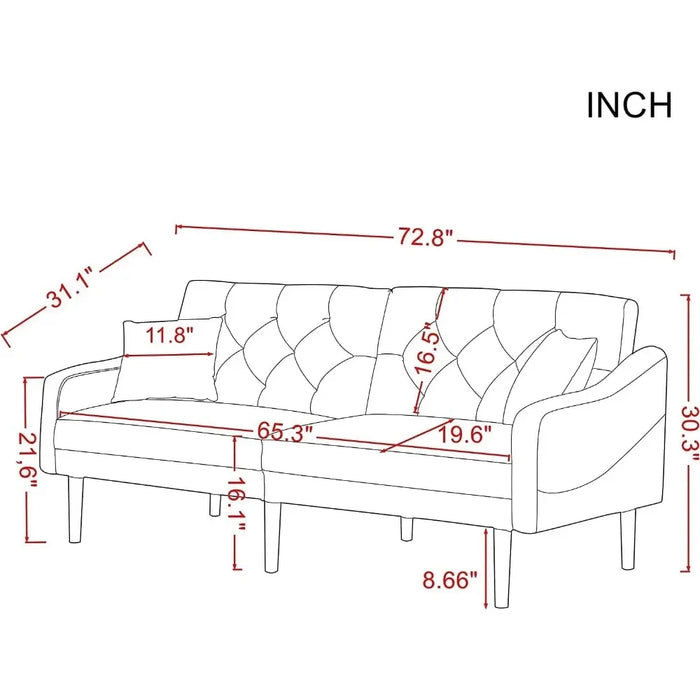 Convertible Sleeper Futon Sofa with 2 Pillows, Velvet Tufted Sofa with Metal Legs and Adjustable Backrest