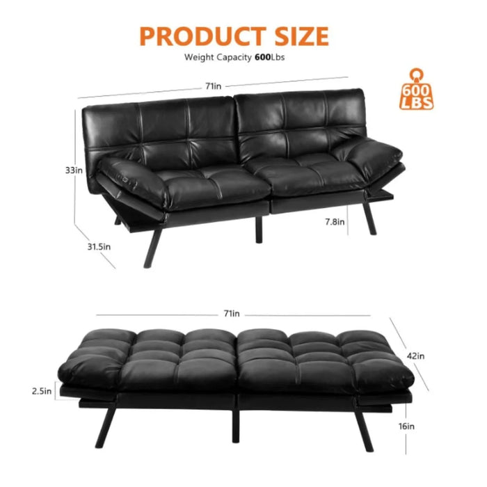 Sweetcrispy Sofa Bed Couch,Convertible Full Size Sofa, Adjustable Backrest and Armrests,Leather,Black,Brown