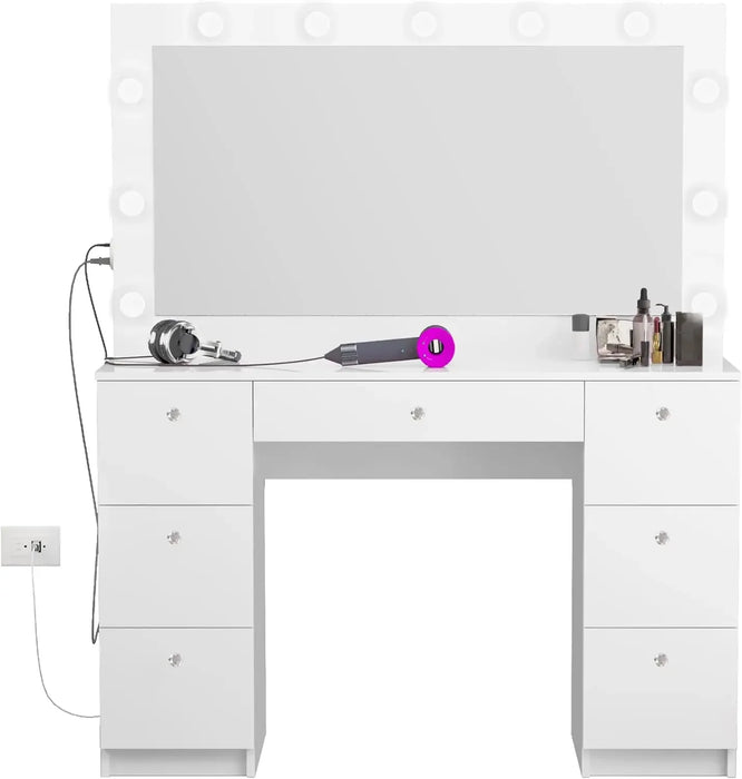 Yara Makeup Vanity Desk with Hollywood Vanity Mirror with Lights 7 Drawers, Non- Glass Top Vanity, Crystal Knobs