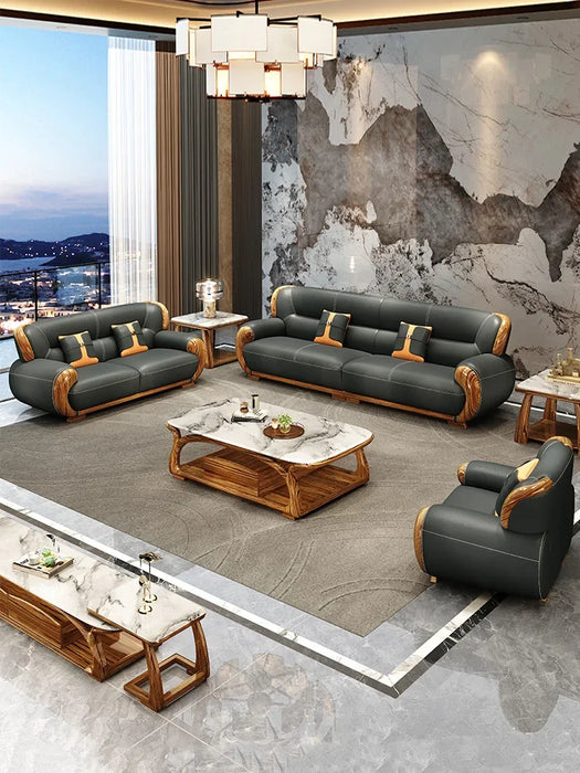 New Chinese Style Ugyen Wood Leather Sofa Living Room Yellow Leather New Solid Wood Combination