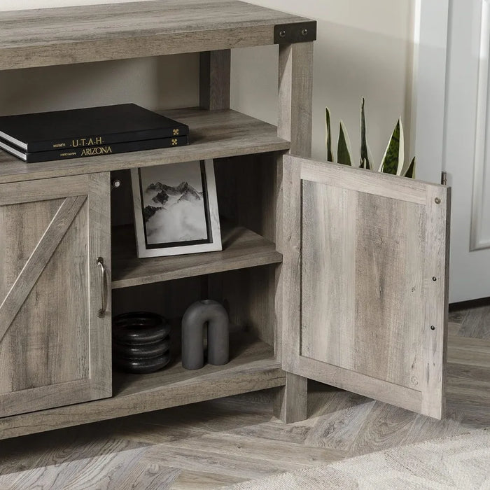 TV cabinet, modern farmhouse double barn door Highboy storage TV stand, suitable for TVs 65 inches, 58 inches and below, gray