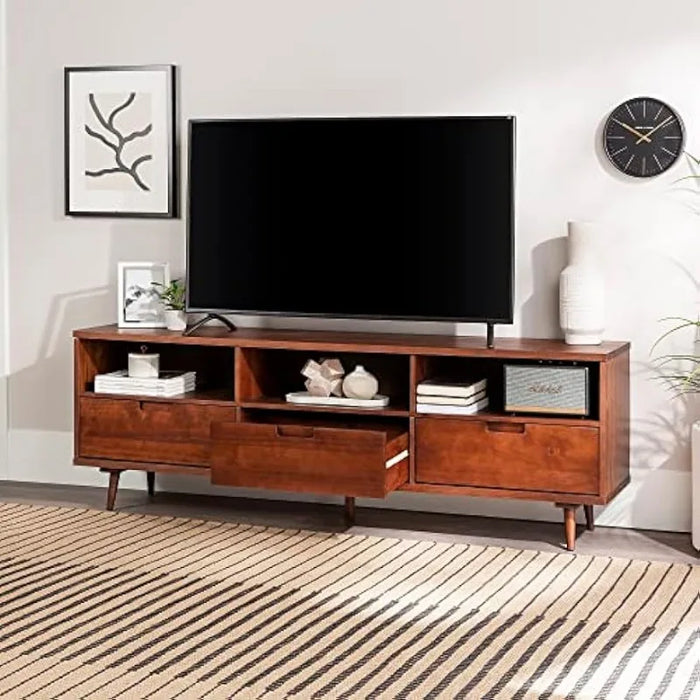 Walker Edison Millie Mid Century Modern 3 Drawer Solid Wood Low Stand for TVs up to 80 Inches, 70 Inch, Walnut