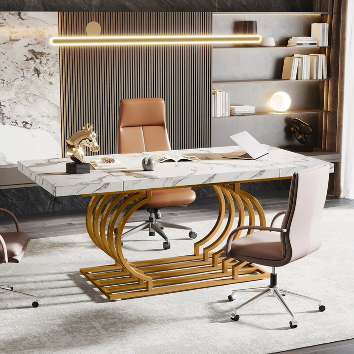 Tribesigns 63" Modern Office Desk, White and Gold Executive Desk, Large Computer Desk Home Office Desk with Gold Metal Frame
