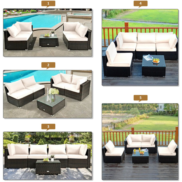5PCS Patio Rattan Furniture Set Cushioned Sofa Chair Coffee Table HW67243