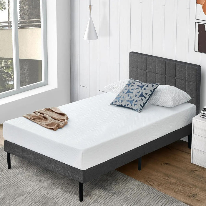 Molblly Queen Bed Frame with Upholstered Headboard, Platform Bed Frame with Sturdy Wood Slat, Linen Fabric Wrap, Non-Slip