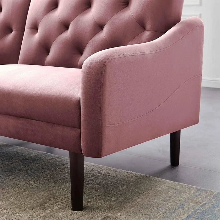 Convertible Sleeper Futon Sofa with 2 Pillows, Velvet Tufted Sofa with Metal Legs and Adjustable Backrest