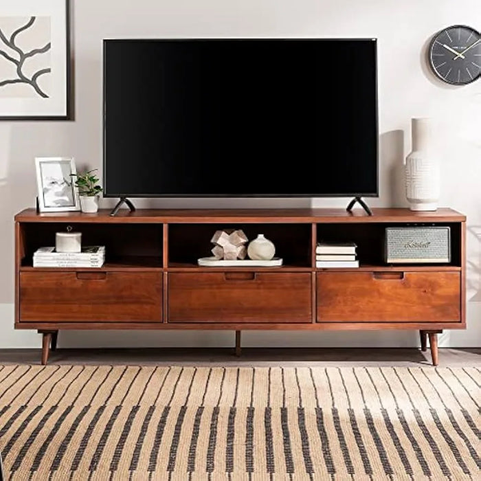 Walker Edison Millie Mid Century Modern 3 Drawer Solid Wood Low Stand for TVs up to 80 Inches, 70 Inch, Walnut