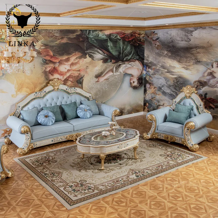 French  Luxury Shell Mosaic  and Tea Table Combination European Fabric Solid Wood Carved Sofa  FurnitureCloth art embroidery
