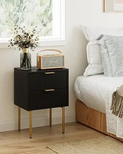 Bedside Table with Gold Frame,Side Table with Two Drawers,Bedside Furniture,Drawer Dresser with Mid-Century Modernfor Bedroom,Li