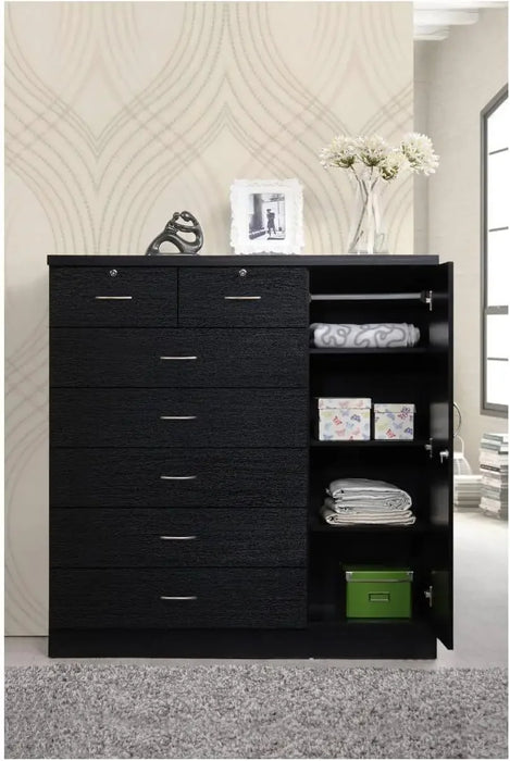 7 Drawer Jumbo Chest, Five Large Drawers, Two Smaller Drawers with Two Lock, Hanging Rod, and Three Shelves | Black
