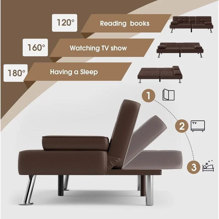 Futon Sofa Bed Modern Faux Leather Couch,Convertible Folding Futon Couch Recliner Lounge with 2 Cup Holders with Armrest (Brown)