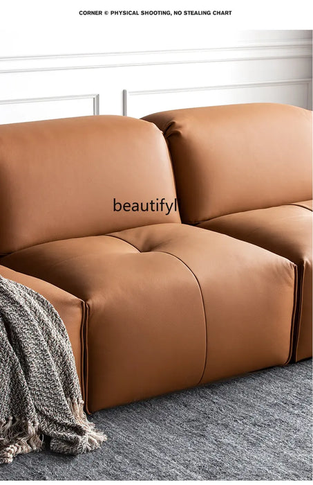 Leather Corner Sofa First Layer Cowhide Italian Style Minimalistic Straight Row Three-Seat Tofu Block Sofa  living room sofa